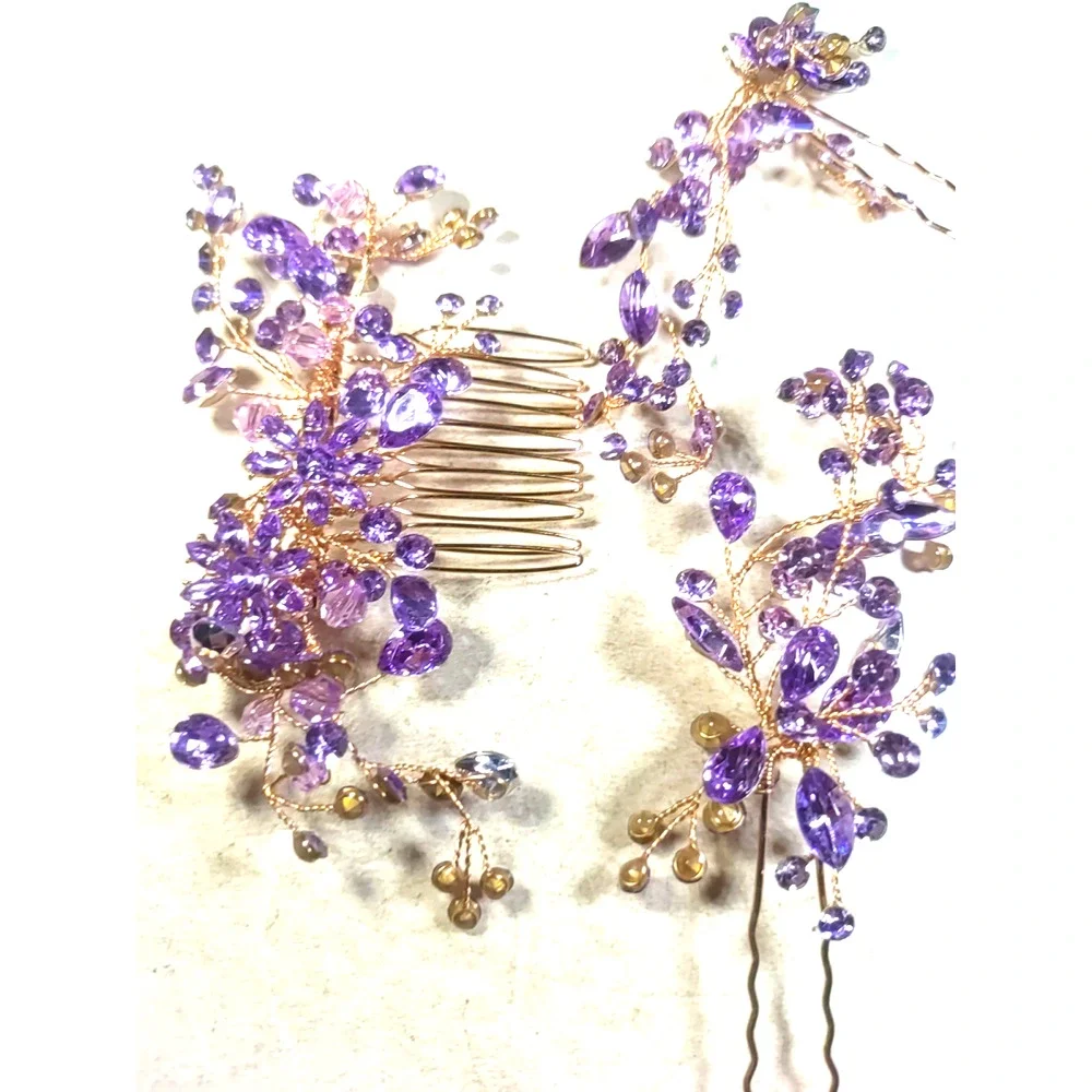Barrettes Hair Picks And Combs Gold Tone Purple Rhinestone Fancy Party Prom...